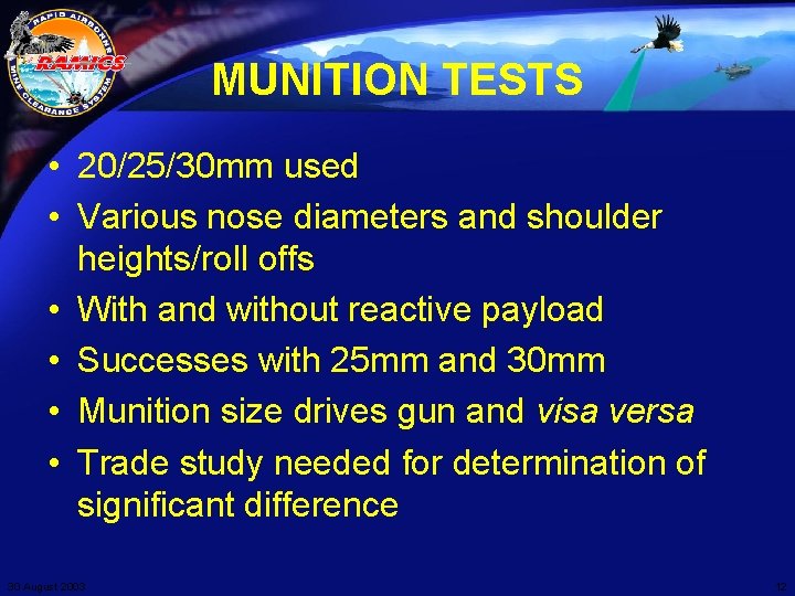 MUNITION TESTS • 20/25/30 mm used • Various nose diameters and shoulder heights/roll offs