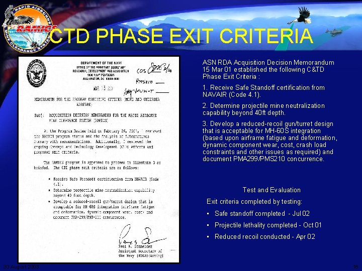 CTD PHASE EXIT CRITERIA ASN RDA Acquisition Decision Memorandum 15 Mar 01 established the