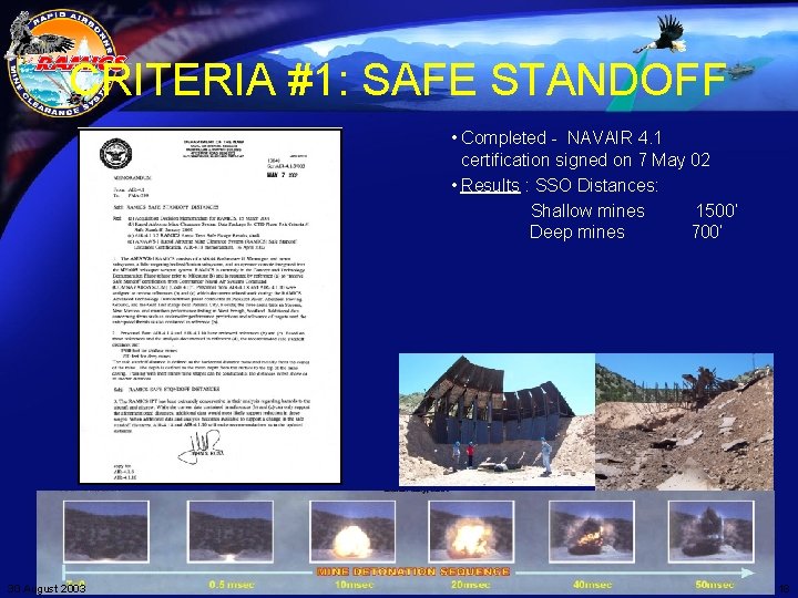 CRITERIA #1: SAFE STANDOFF • Completed - NAVAIR 4. 1 certification signed on 7