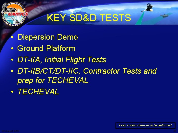 KEY SD&D TESTS • • Dispersion Demo Ground Platform DT-IIA, Initial Flight Tests DT-IIB/CT/DT-IIC,