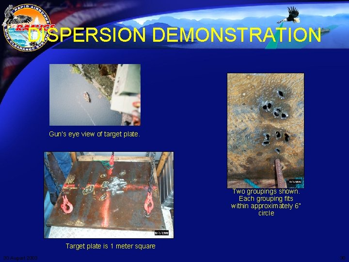 DISPERSION DEMONSTRATION Gun’s eye view of target plate. Two groupings shown. Each grouping fits