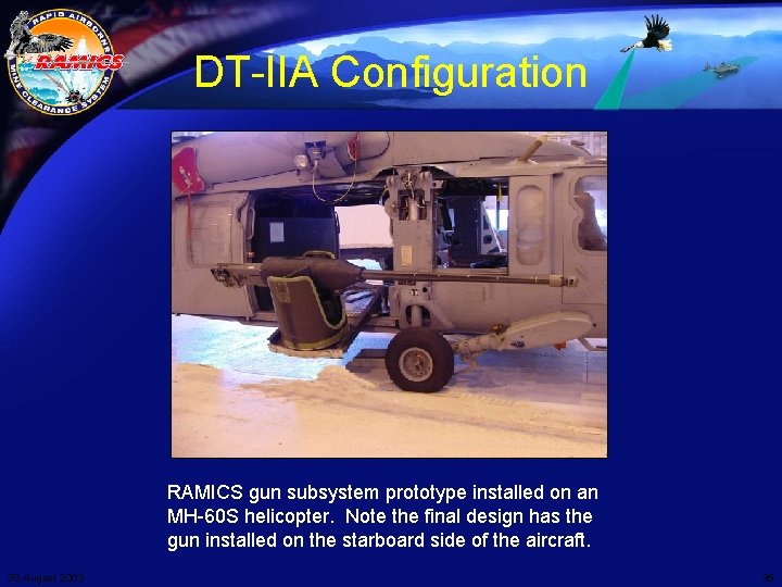 DT-IIA Configuration RAMICS gun subsystem prototype installed on an MH-60 S helicopter. Note the