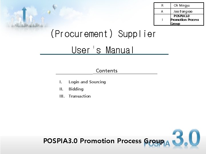 R 　Oh Mingyu A 　Joo Bongsoo I 　POSPIA 3. 0 Promotion Process Group (Procurement)