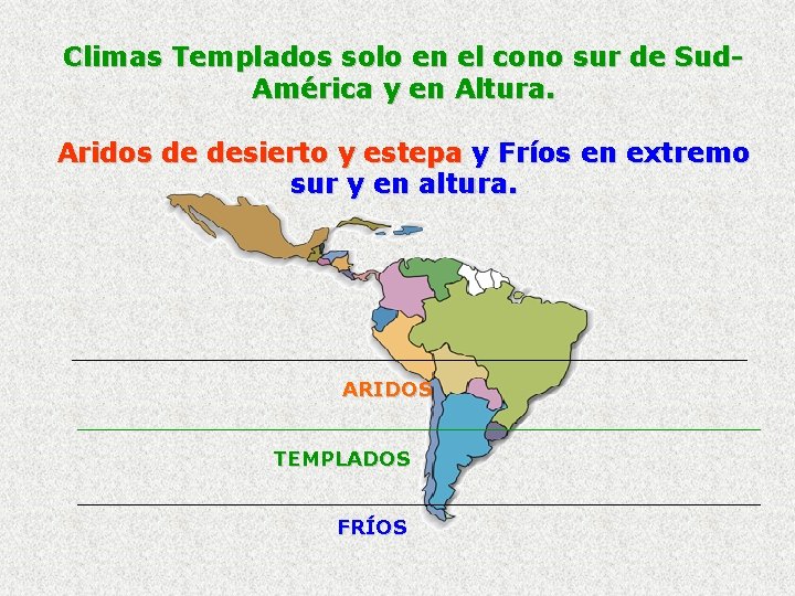 Climas Templados solo en el cono sur de Sud. América y en Altura. Aridos