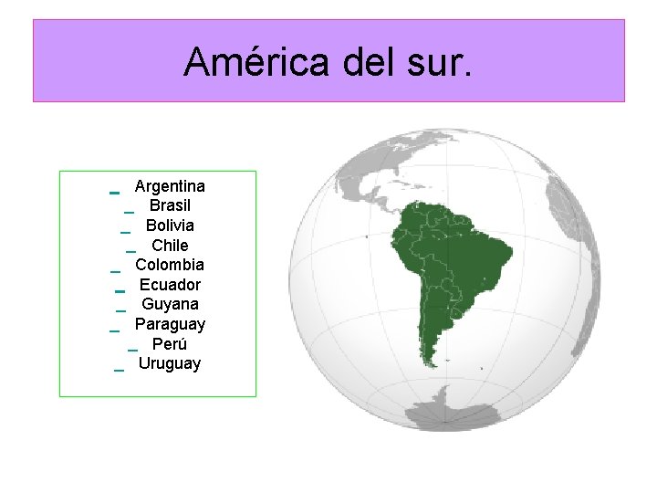 América del sur. Argentina Brasil Bolivia Chile Colombia Ecuador Guyana Paraguay Perú Uruguay 