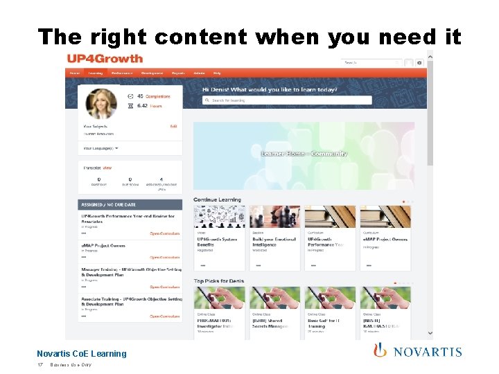 The right content when you need it Novartis Co. E Learning 17 Business Use