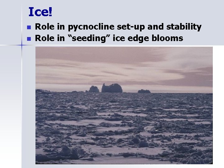 Ice! n n Role in pycnocline set-up and stability Role in “seeding” ice edge
