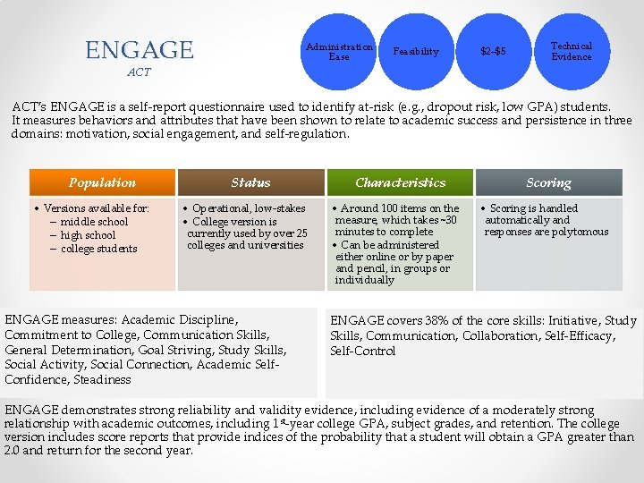 ENGAGE Administration Ease Feasibility $2–$5 Technical Evidence ACT’s ENGAGE is a self-report questionnaire used