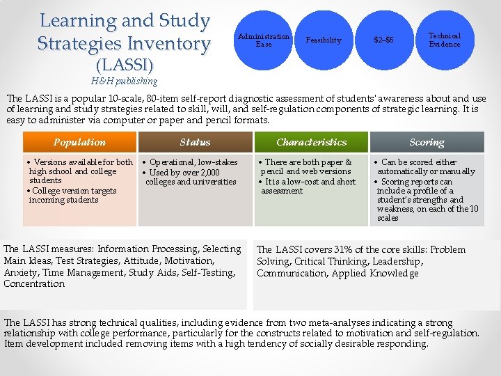 Learning and Study Strategies Inventory Administration Ease Feasibility $2–$5 Technical Evidence (LASSI) H&H publishing
