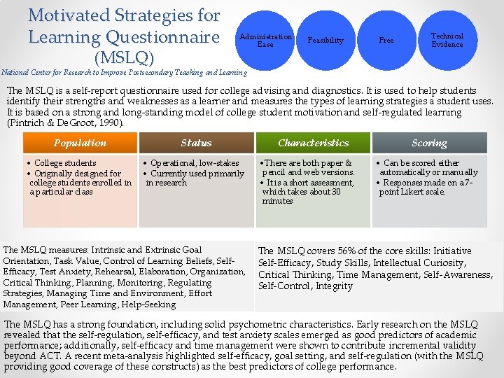 Motivated Strategies for Learning Questionnaire (MSLQ) Administration Ease Feasibility Free Technical Evidence National Center