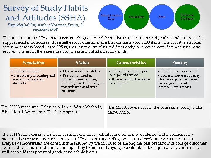 Survey of Study Habits and Attitudes (SSHA) Administration Ease Feasibility Free Technical Evidence Psychological