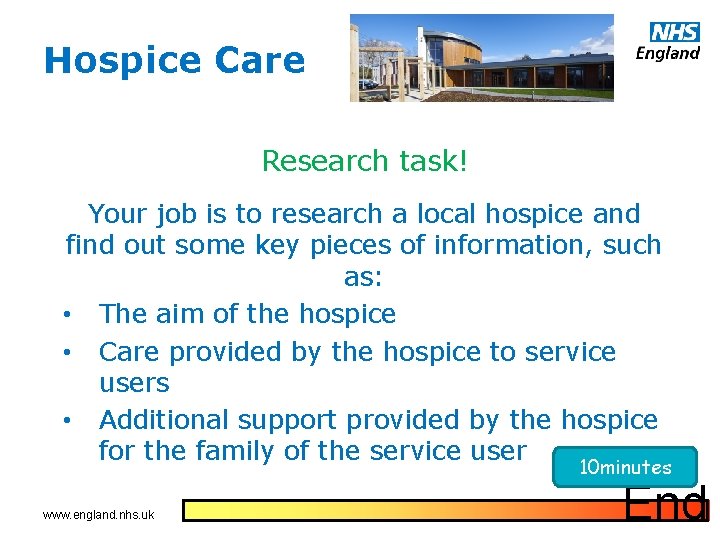 Hospice Care Research task! Your job is to research a local hospice and find