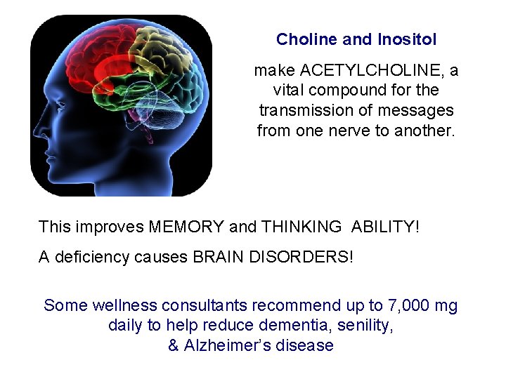 Choline and Inositol make ACETYLCHOLINE, a vital compound for the transmission of messages from