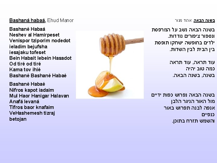Bashaná habaá, Ehud Manor Bashané Habaá Neshev al Hamirpeset Venispor tziporim nodedot ieladim bejufsha