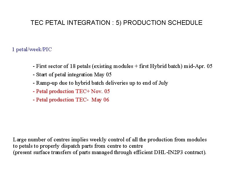 TEC PETAL INTEGRATION : 5) PRODUCTION SCHEDULE 1 petal/week/PIC - First sector of 18