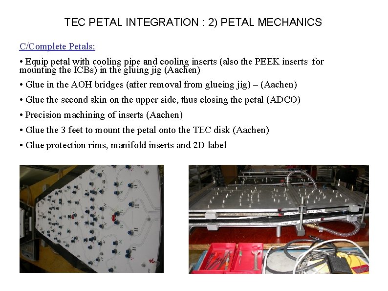 TEC PETAL INTEGRATION : 2) PETAL MECHANICS C/Complete Petals: • Equip petal with cooling TEC PETAL INTEGRATION : 2) PETAL MECHANICS C/Complete Petals: • Equip petal with cooling