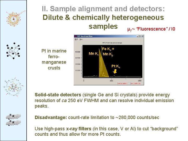 II. Sample alignment and detectors: Dilute & chemically heterogeneous samples μF~ “Fluorescence” / I II. Sample alignment and detectors: Dilute & chemically heterogeneous samples μF~ “Fluorescence” / I