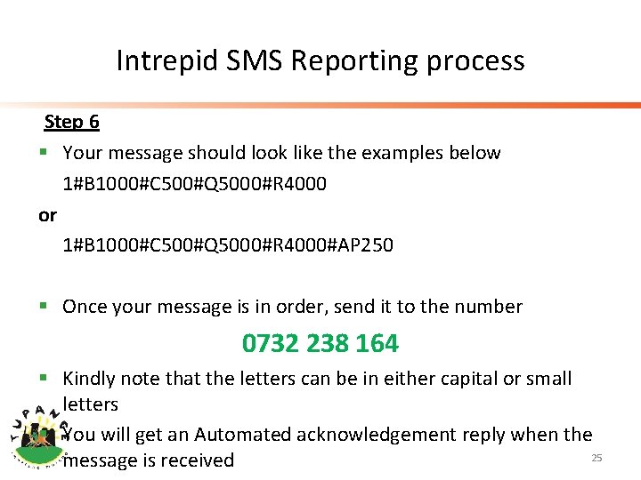 Intrepid SMS Reporting process Step 6 § Your message should look like the examples