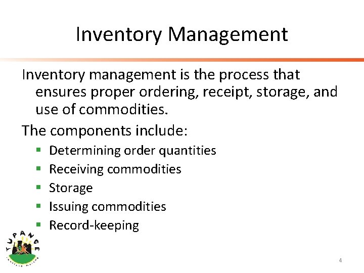 Inventory Management Inventory management is the process that ensures proper ordering, receipt, storage, and