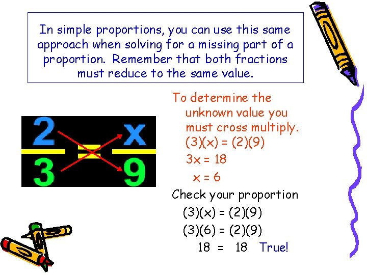 In simple proportions, you can use this same approach when solving for a missing