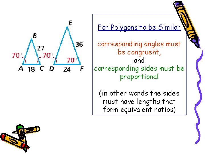 For Polygons to be Similar corresponding angles must be congruent, and corresponding sides must