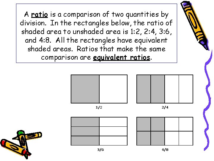 A ratio is a comparison of two quantities by division. In the rectangles below,
