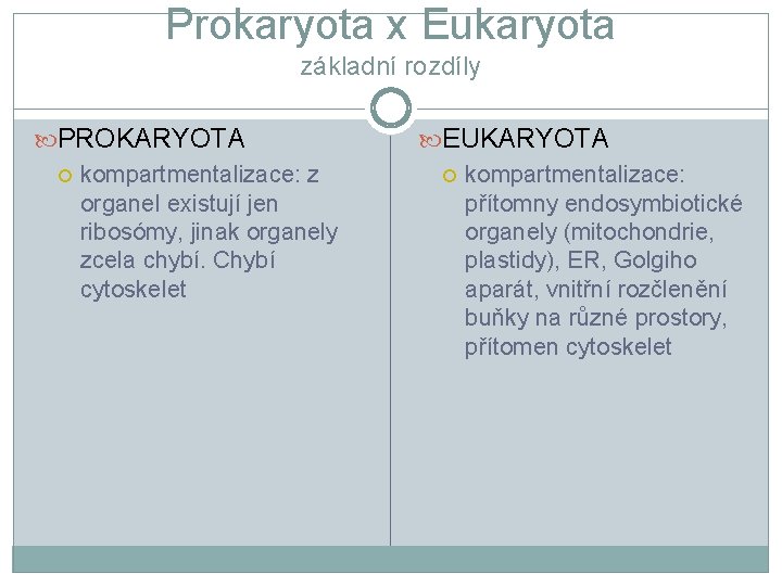 Prokaryota x Eukaryota základní rozdíly PROKARYOTA kompartmentalizace: z organel existují jen ribosómy, jinak organely