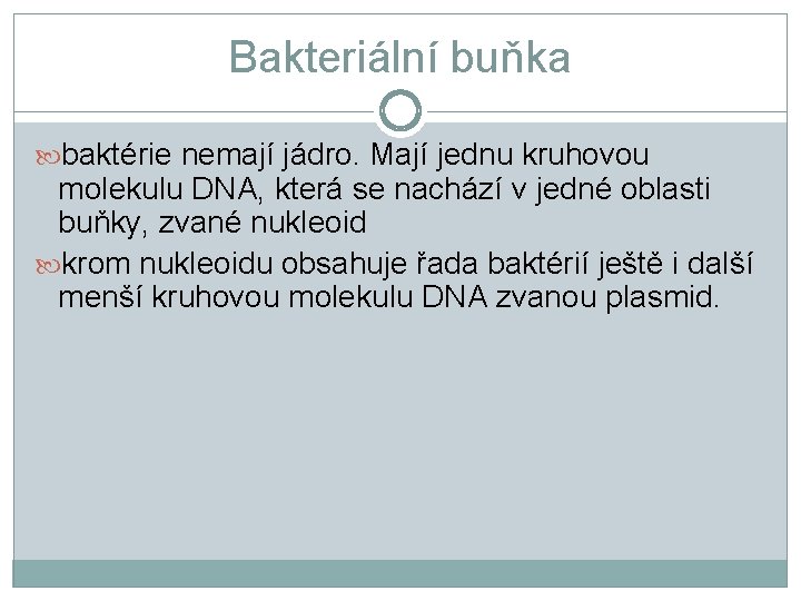 Bakteriální buňka baktérie nemají jádro. Mají jednu kruhovou molekulu DNA, která se nachází v