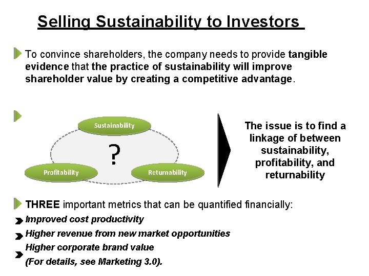 Selling Sustainability to Investors To convince shareholders, the company needs to provide tangible evidence