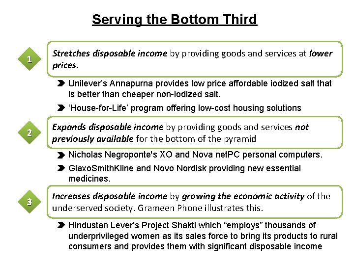 Serving the Bottom Third 1 Stretches disposable income by providing goods and services at