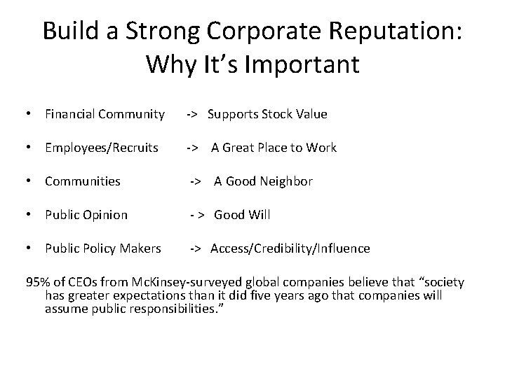 Build a Strong Corporate Reputation: Why It’s Important • Financial Community -> Supports Stock