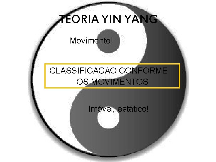 TEORIA YIN YANG Movimento! CLASSIFICAÇAO CONFORME OS MOVIMENTOS Imóvel, estático! 