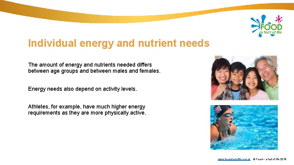 Individual energy and nutrient needs The amount of energy and nutrients needed differs between