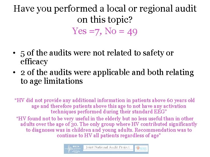 Have you performed a local or regional audit on this topic? Yes =7, No