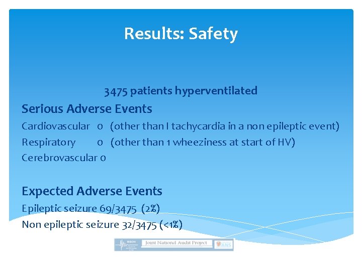 Results: Safety 3475 patients hyperventilated Serious Adverse Events Cardiovascular 0 (other than I tachycardia