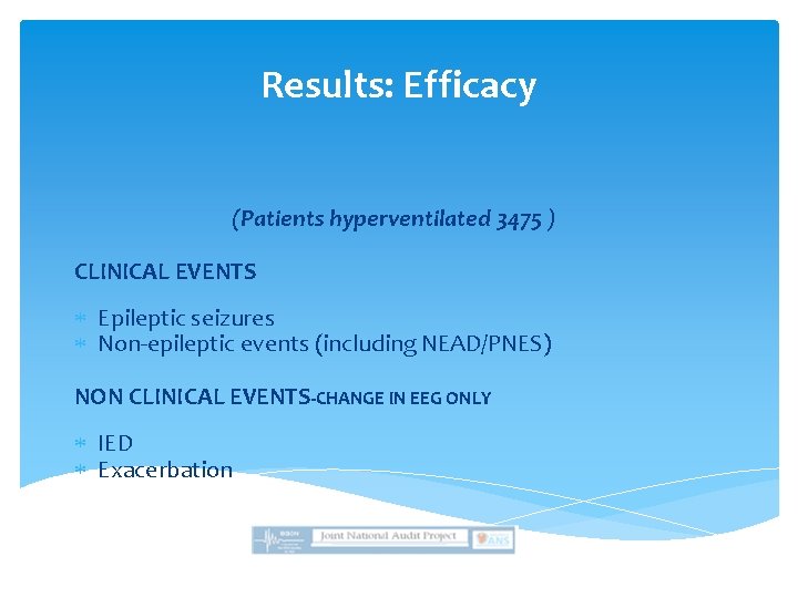 Results: Efficacy (Patients hyperventilated 3475 ) CLINICAL EVENTS Epileptic seizures Non-epileptic events (including NEAD/PNES)