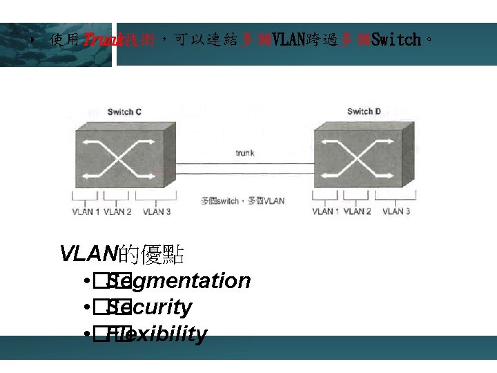 ‣ 使用Trunk技術，可以連結多個VLAN跨過多個Switch。 VLAN的優點 • �� Segmentation • �� Security • �� Flexibility 