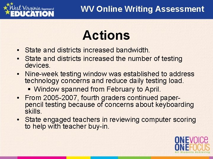 WV Online Writing Assessment Actions • State and districts increased bandwidth. • State and WV Online Writing Assessment Actions • State and districts increased bandwidth. • State and