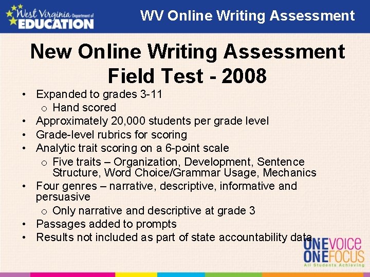WV Online Writing Assessment New Online Writing Assessment Field Test - 2008 • Expanded WV Online Writing Assessment New Online Writing Assessment Field Test - 2008 • Expanded