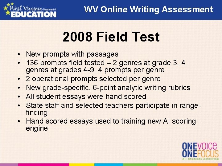 WV Online Writing Assessment 2008 Field Test • New prompts with passages • 136 WV Online Writing Assessment 2008 Field Test • New prompts with passages • 136