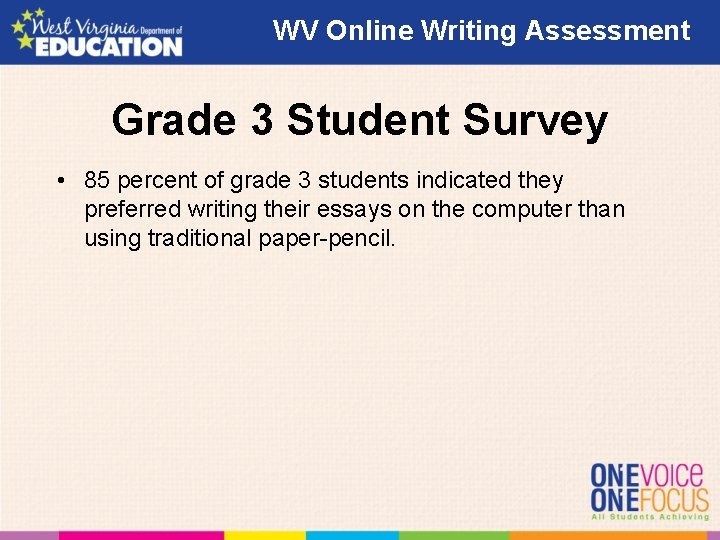 WV Online Writing Assessment Grade 3 Student Survey • 85 percent of grade 3 WV Online Writing Assessment Grade 3 Student Survey • 85 percent of grade 3