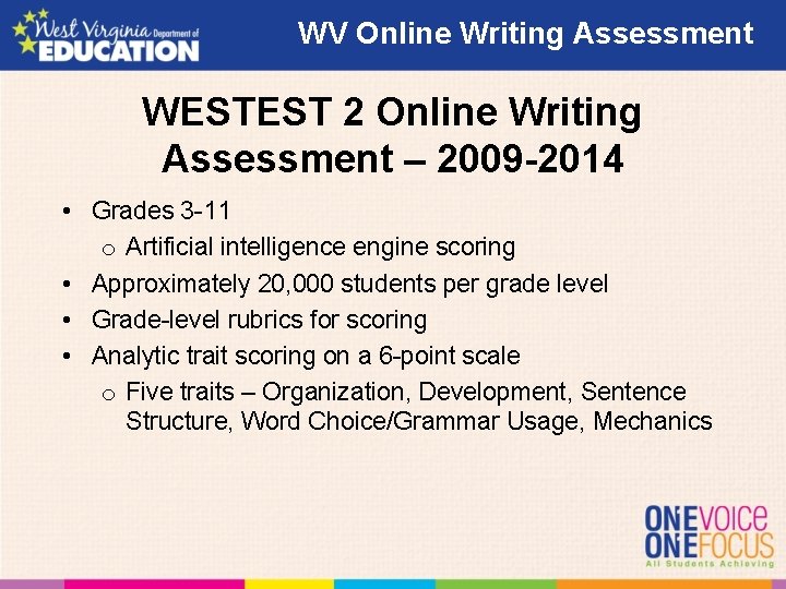 WV Online Writing Assessment WESTEST 2 Online Writing Assessment – 2009 -2014 • Grades WV Online Writing Assessment WESTEST 2 Online Writing Assessment – 2009 -2014 • Grades