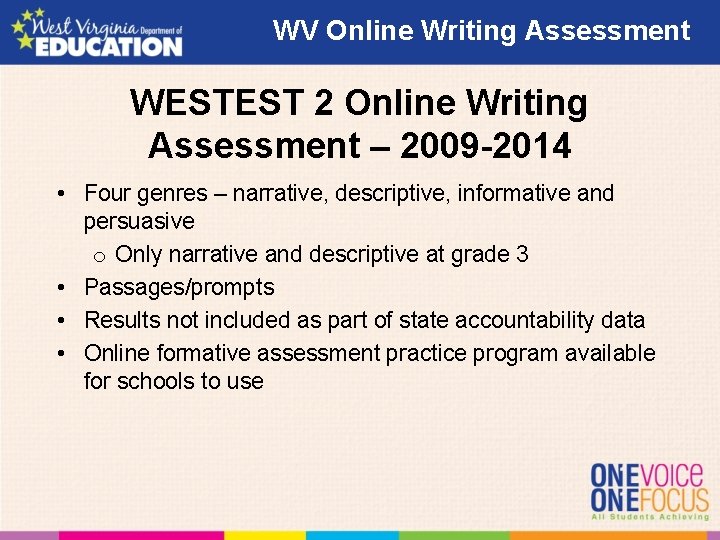 WV Online Writing Assessment WESTEST 2 Online Writing Assessment – 2009 -2014 • Four WV Online Writing Assessment WESTEST 2 Online Writing Assessment – 2009 -2014 • Four