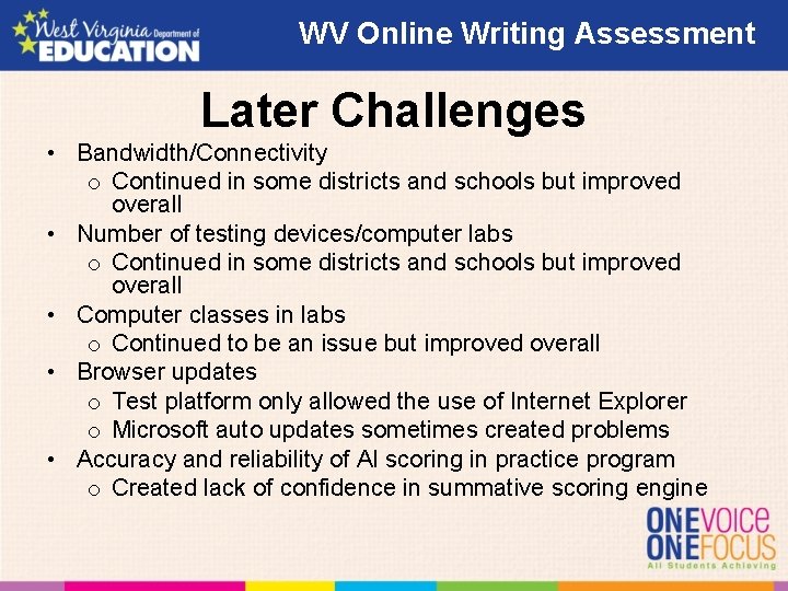 WV Online Writing Assessment Later Challenges • Bandwidth/Connectivity o Continued in some districts and WV Online Writing Assessment Later Challenges • Bandwidth/Connectivity o Continued in some districts and