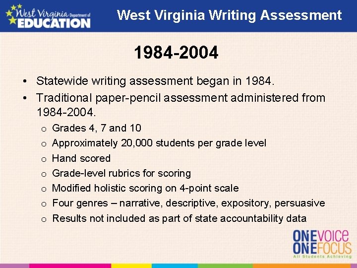 West Virginia Writing Assessment 1984 -2004 • Statewide writing assessment began in 1984. • West Virginia Writing Assessment 1984 -2004 • Statewide writing assessment began in 1984. •
