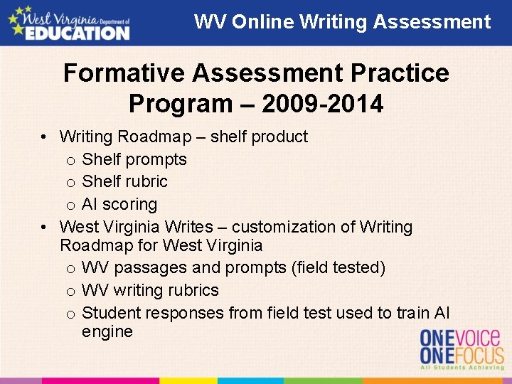 WV Online Writing Assessment Formative Assessment Practice Program – 2009 -2014 • Writing Roadmap WV Online Writing Assessment Formative Assessment Practice Program – 2009 -2014 • Writing Roadmap