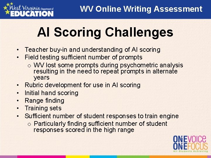 WV Online Writing Assessment AI Scoring Challenges • Teacher buy-in and understanding of AI WV Online Writing Assessment AI Scoring Challenges • Teacher buy-in and understanding of AI