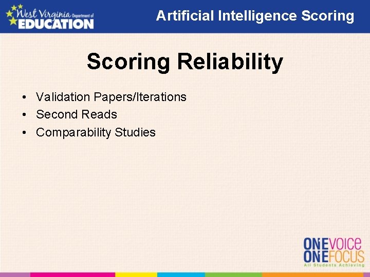 Artificial Intelligence Scoring Reliability • Validation Papers/Iterations • Second Reads • Comparability Studies Artificial Intelligence Scoring Reliability • Validation Papers/Iterations • Second Reads • Comparability Studies