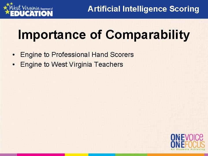 Artificial Intelligence Scoring Importance of Comparability • Engine to Professional Hand Scorers • Engine Artificial Intelligence Scoring Importance of Comparability • Engine to Professional Hand Scorers • Engine
