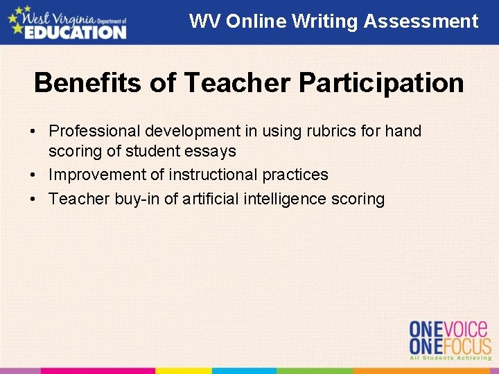 WV Online Writing Assessment Benefits of Teacher Participation • Professional development in using rubrics WV Online Writing Assessment Benefits of Teacher Participation • Professional development in using rubrics